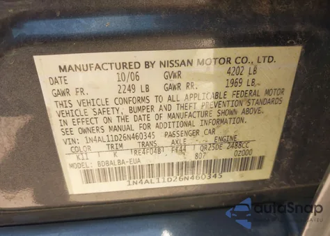 2006 Nissan Altima 2.5 S z USA, uszkodzony, nr VIN 1N4AL11D26N460345